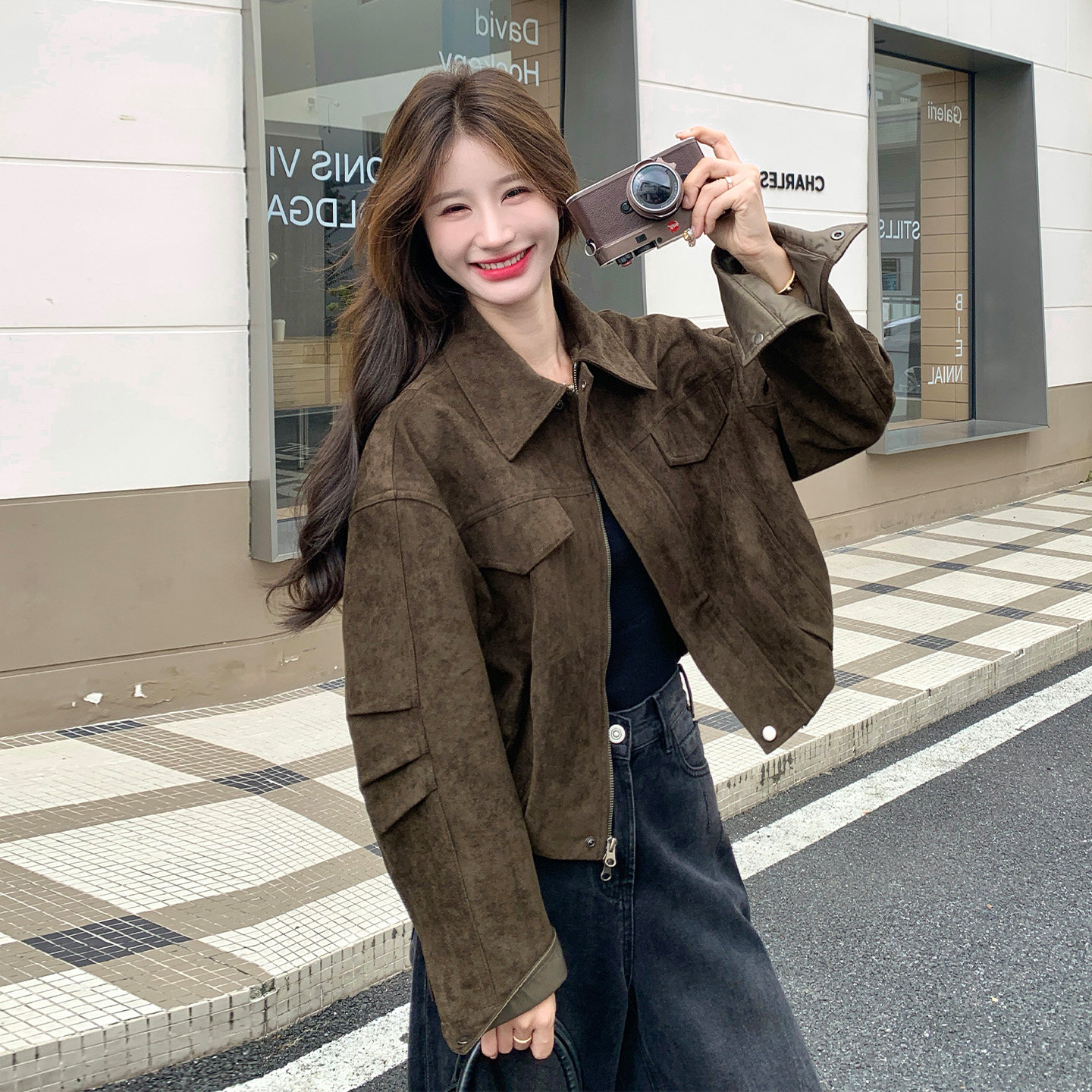 美拉德风麂皮绒翻领短外套女