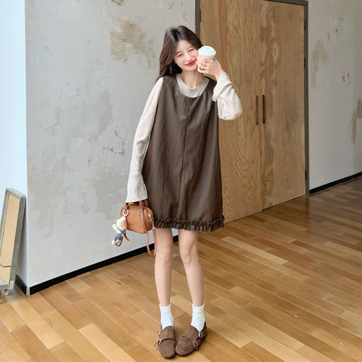 学院风春秋女背心裙衬衫两件套
