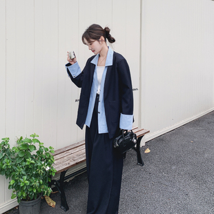 黑色今年流行西装套装女春季2026新款韩版假两件上衣阔腿裤两件套