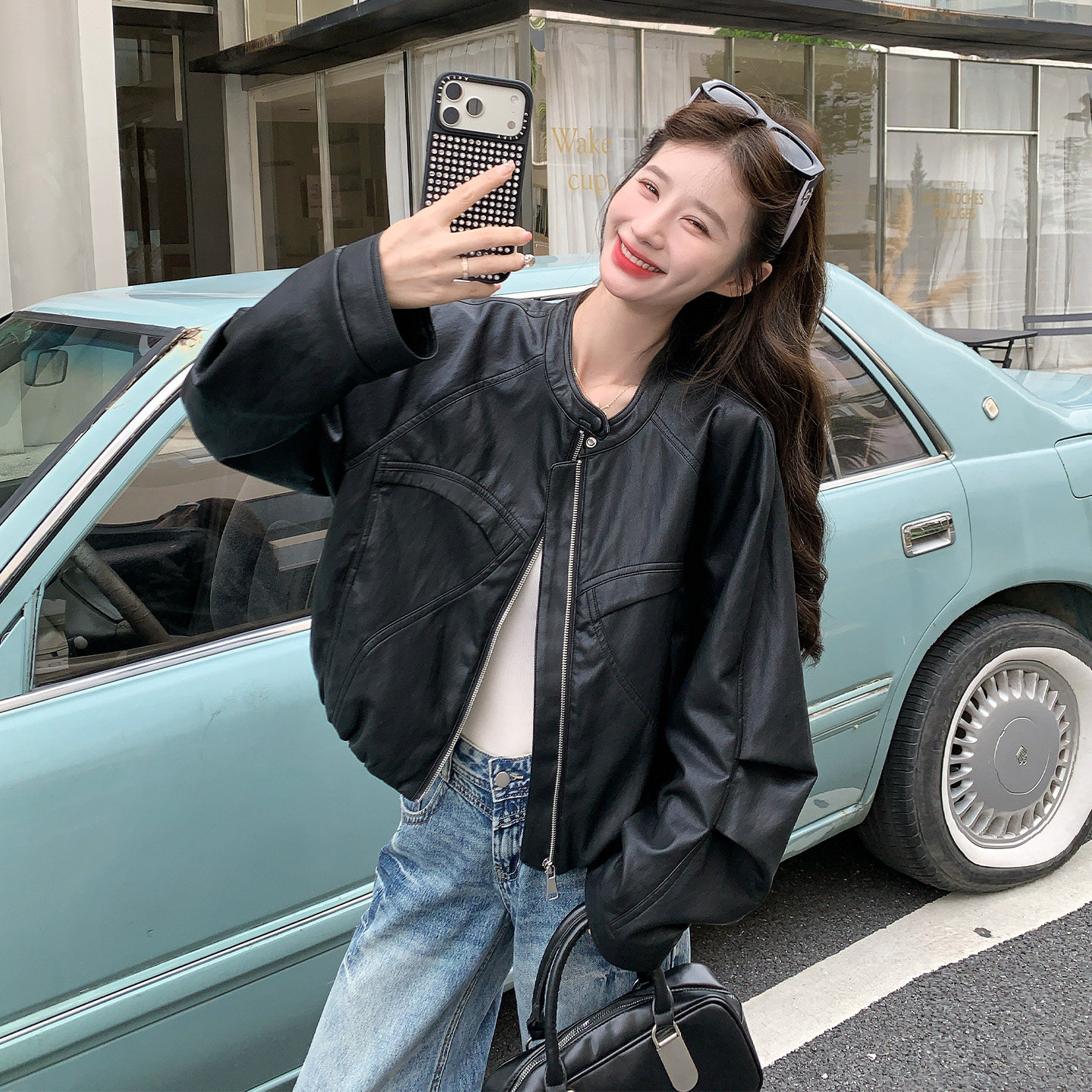机车风黑色PU皮立领显瘦短外套