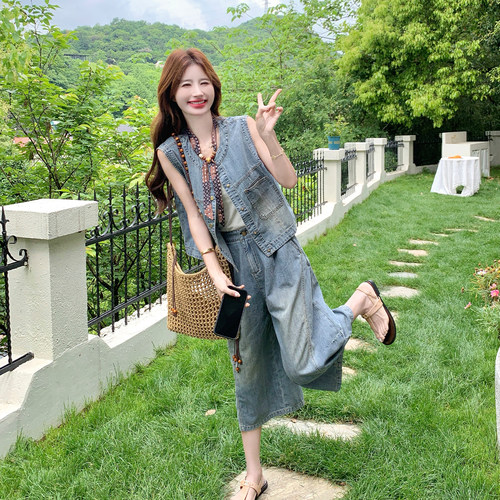 牛仔马甲阔腿裤两件套女夏显瘦