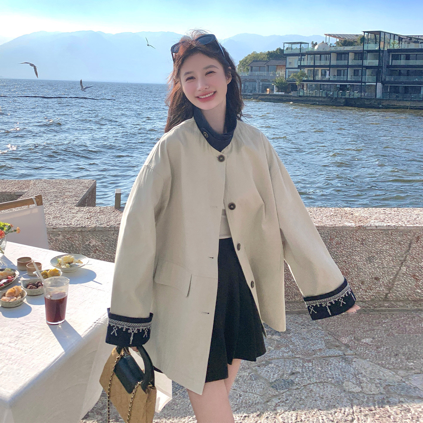 设计感撞色女中长款显瘦风衣