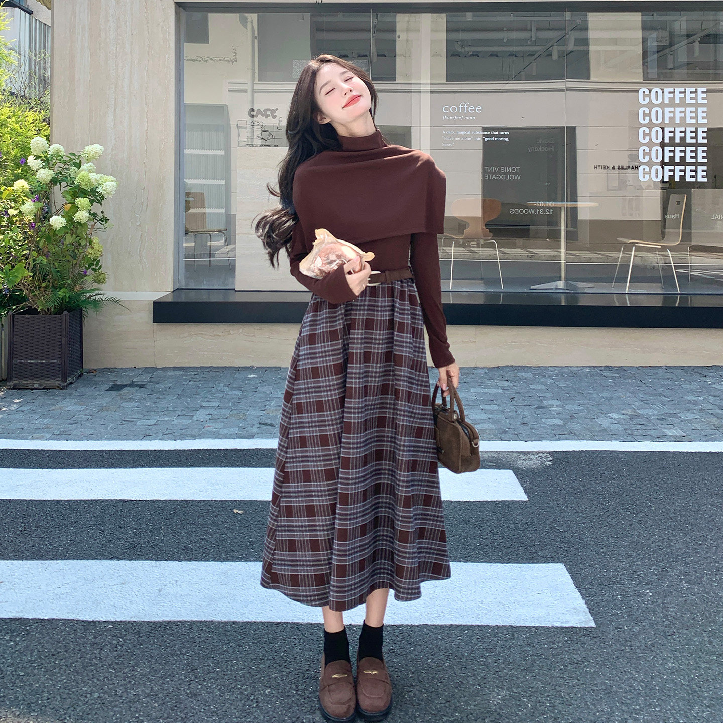 秋季复古格纹高领显瘦女两件套