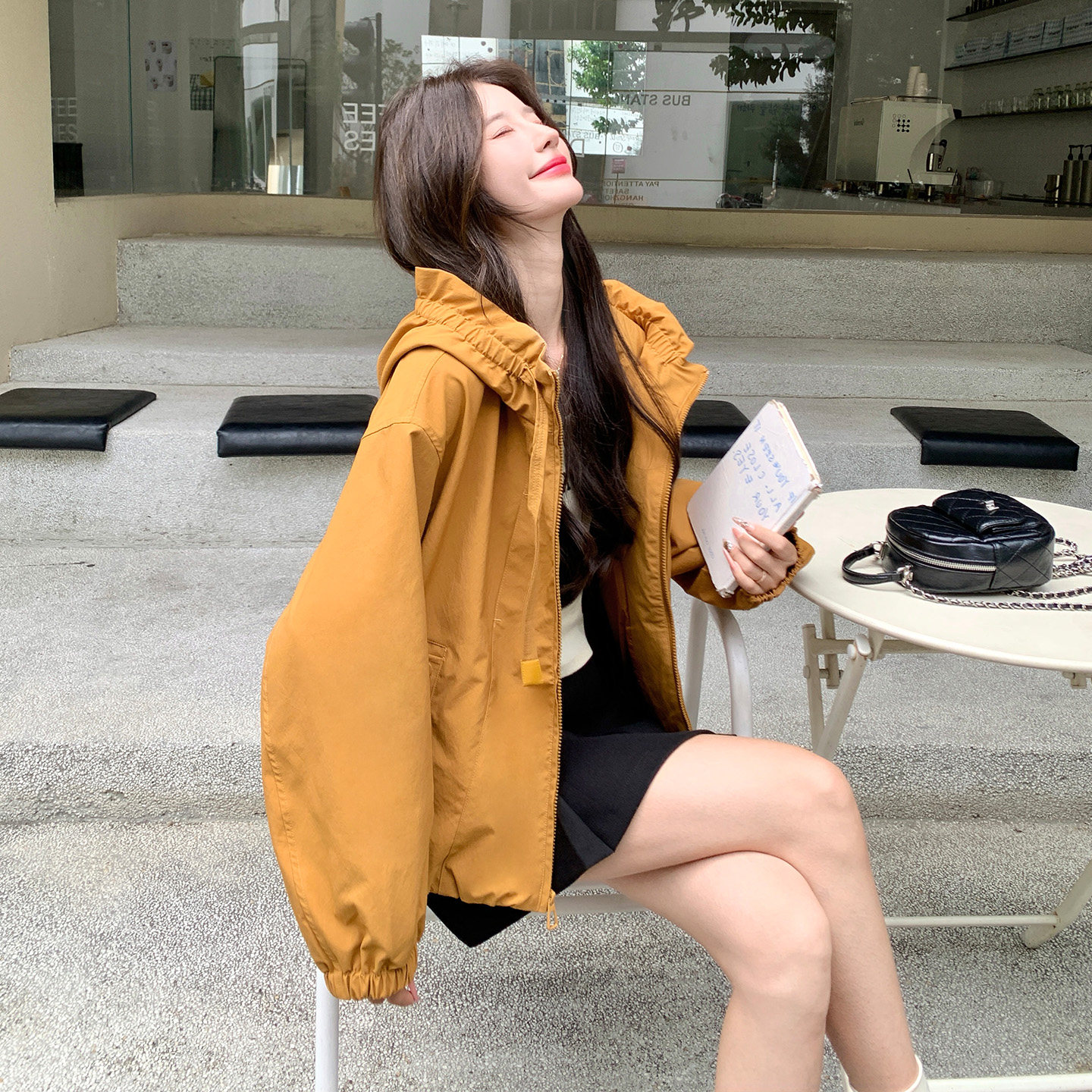 黄色连帽短外套女秋季韩系百搭