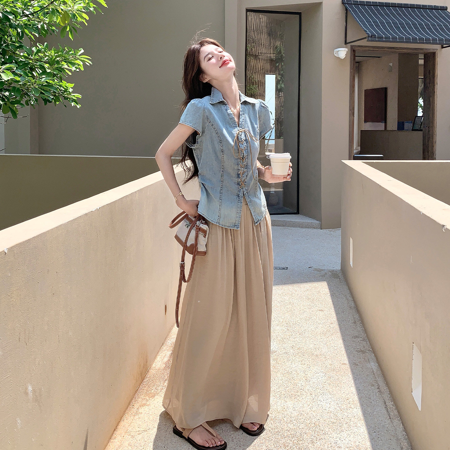 法式牛仔风V领系带套装女