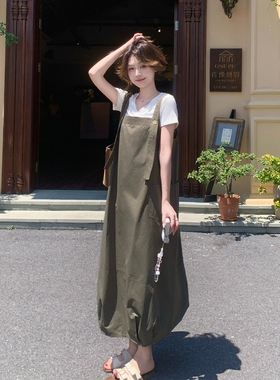 军绿色韩系休闲风两面穿背带连衣裙女2026夏新款设计感花苞A字裙