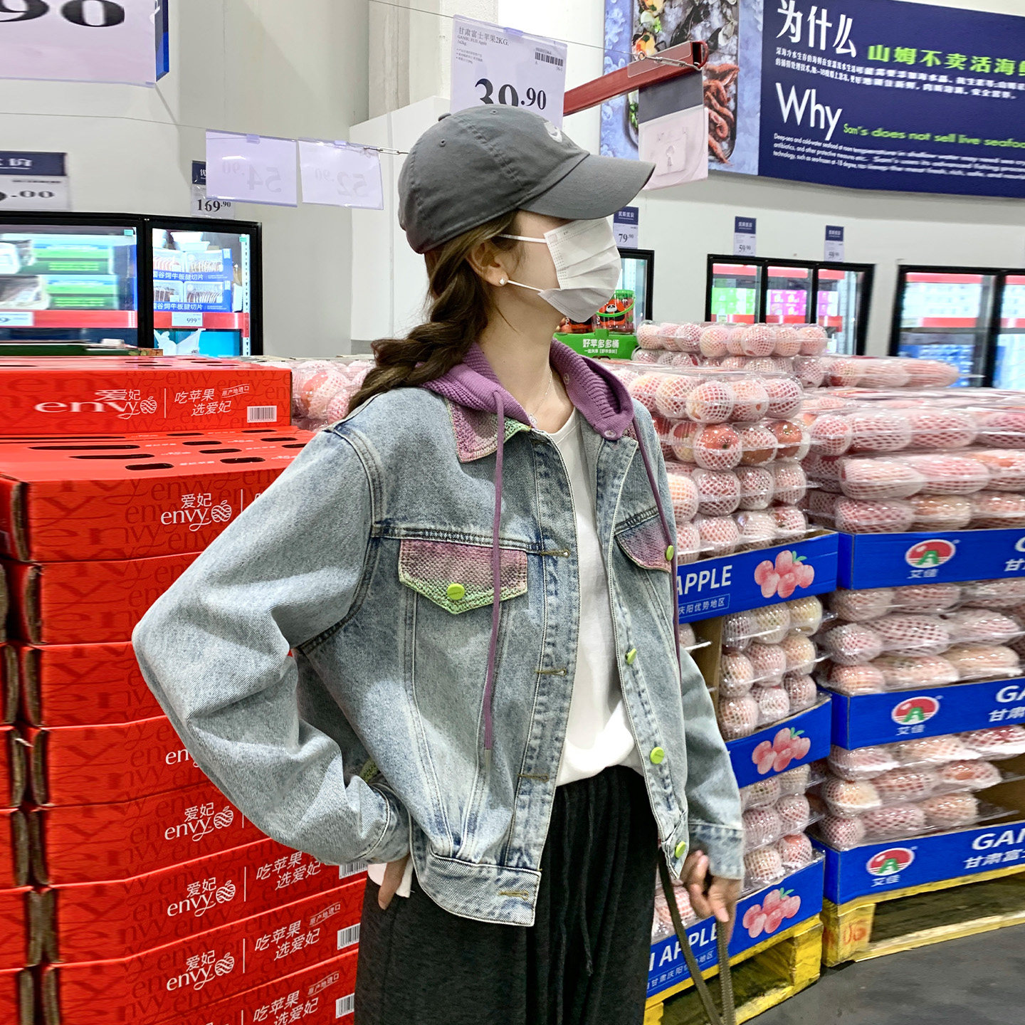 美式复古撞色连帽牛仔短外套女
