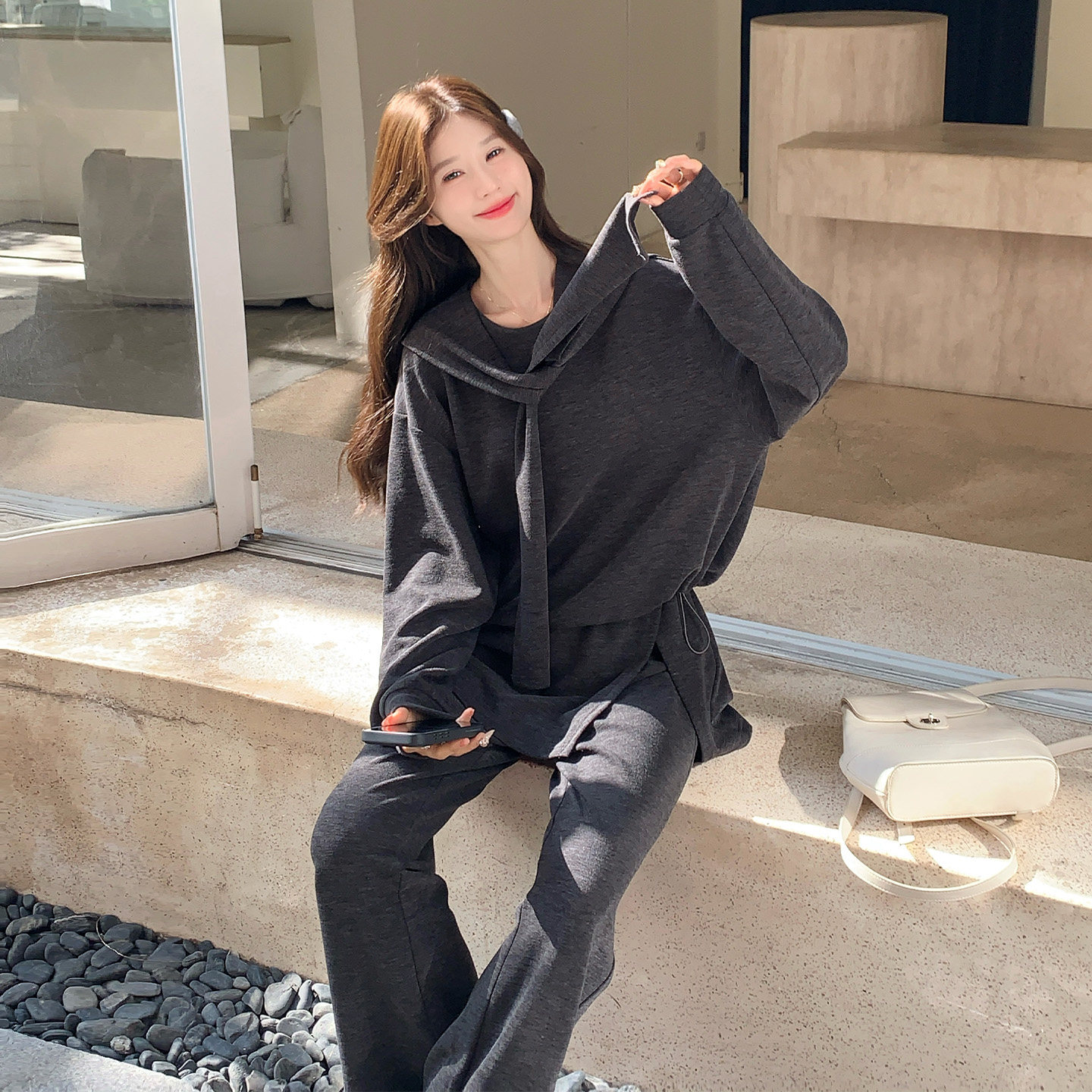 春秋休闲连帽卫衣女灰色两件套