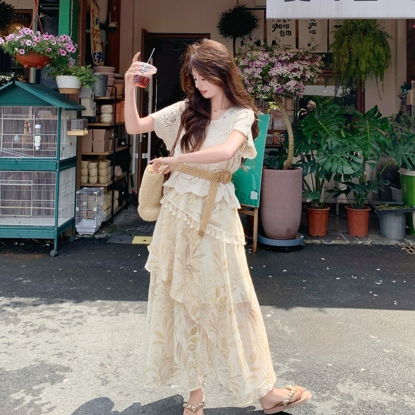 夏季慵懒风印花度假女装三件套