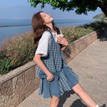 韩系设计感撞色格纹牛仔马甲套装女2026春季新款短袖百褶裙三件套