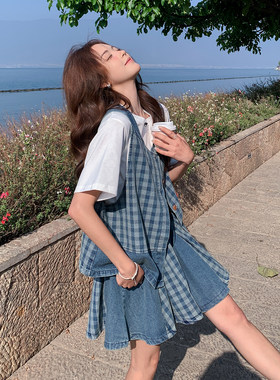 韩系设计感撞色格纹牛仔马甲套装女2026春季新款短袖百褶裙三件套