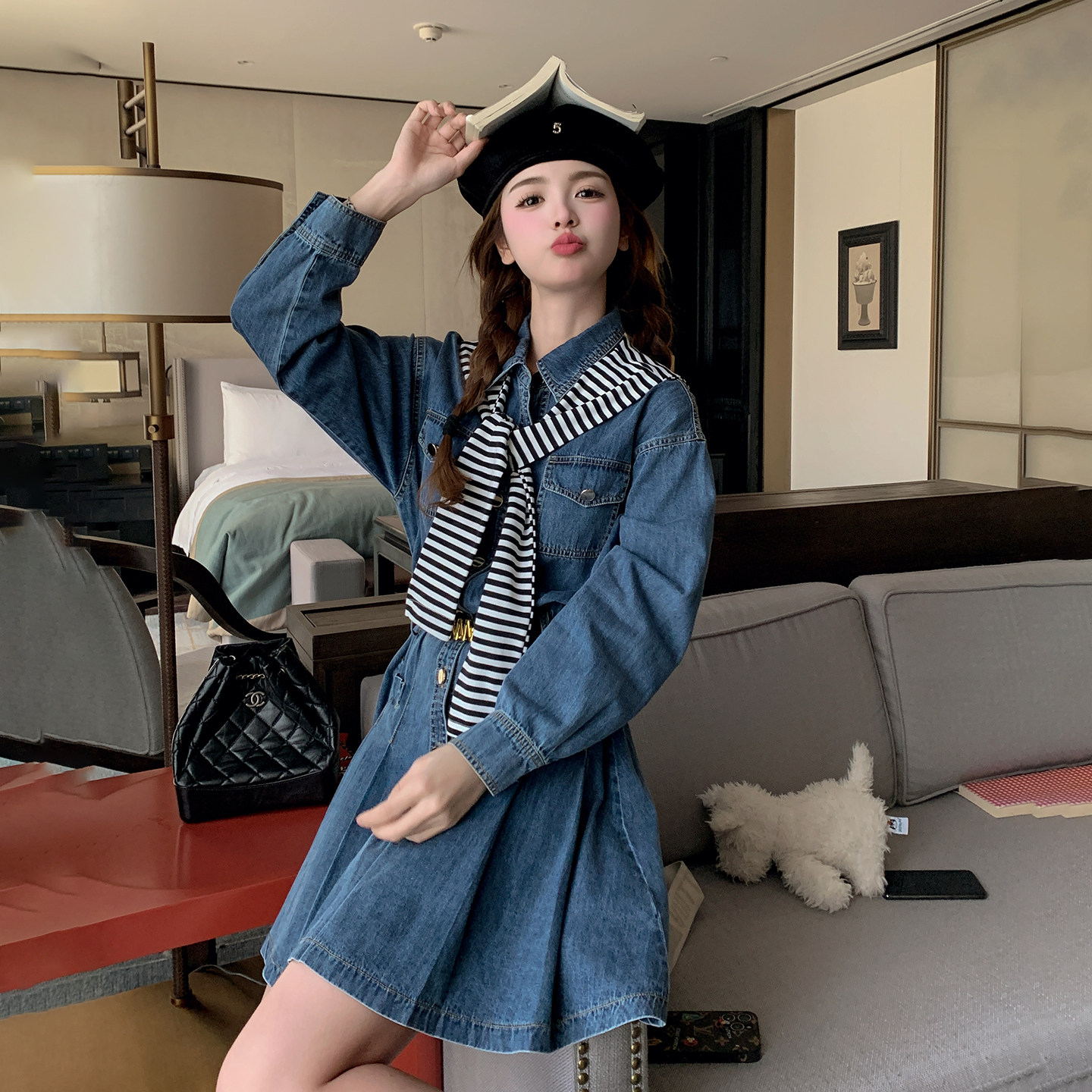 蓝色韩系时尚显瘦小个子牛仔连衣裙女2026春季新款条纹披肩A字裙