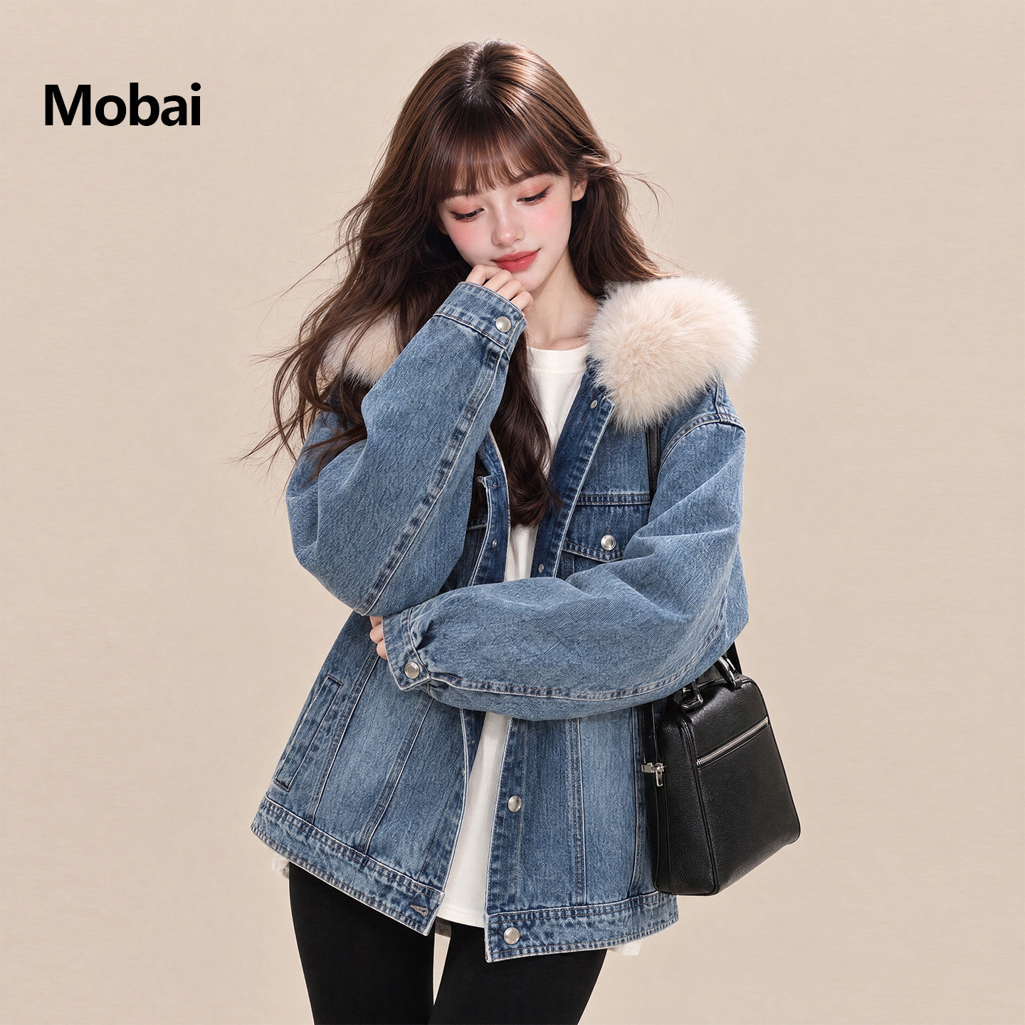 韩版大毛领牛仔羽绒服女保暖