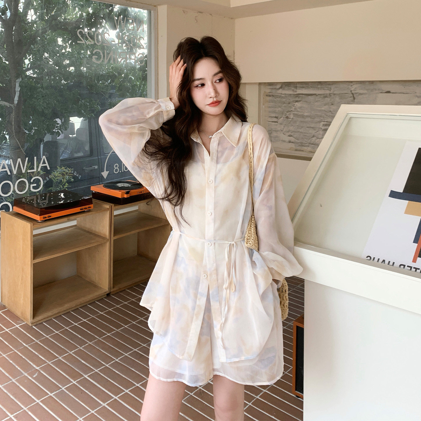 高级感晕染防晒套装女小个子2026夏季新款透气长袖衬衣短裤两件套