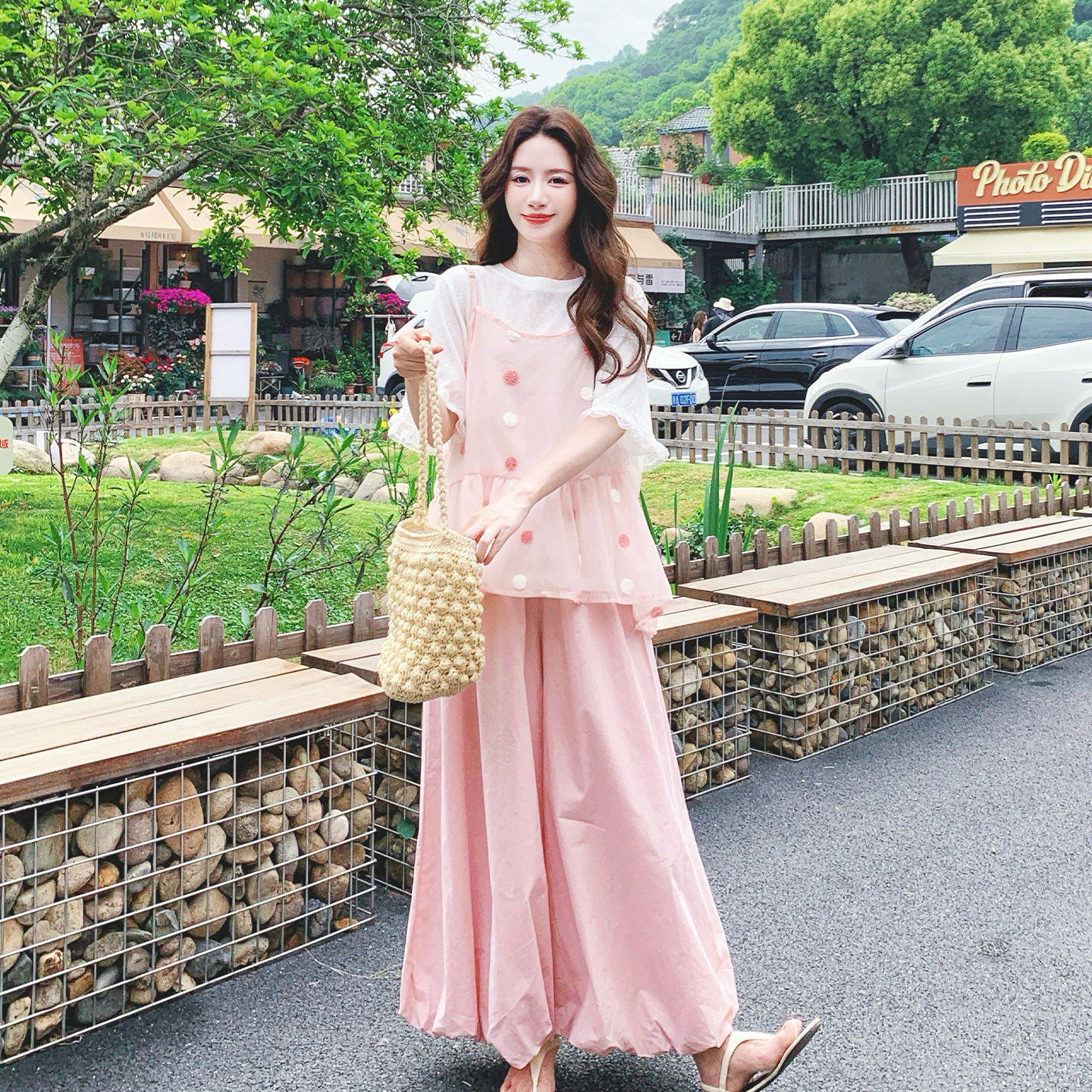 夏季女装吊带阔腿裤三件套显瘦