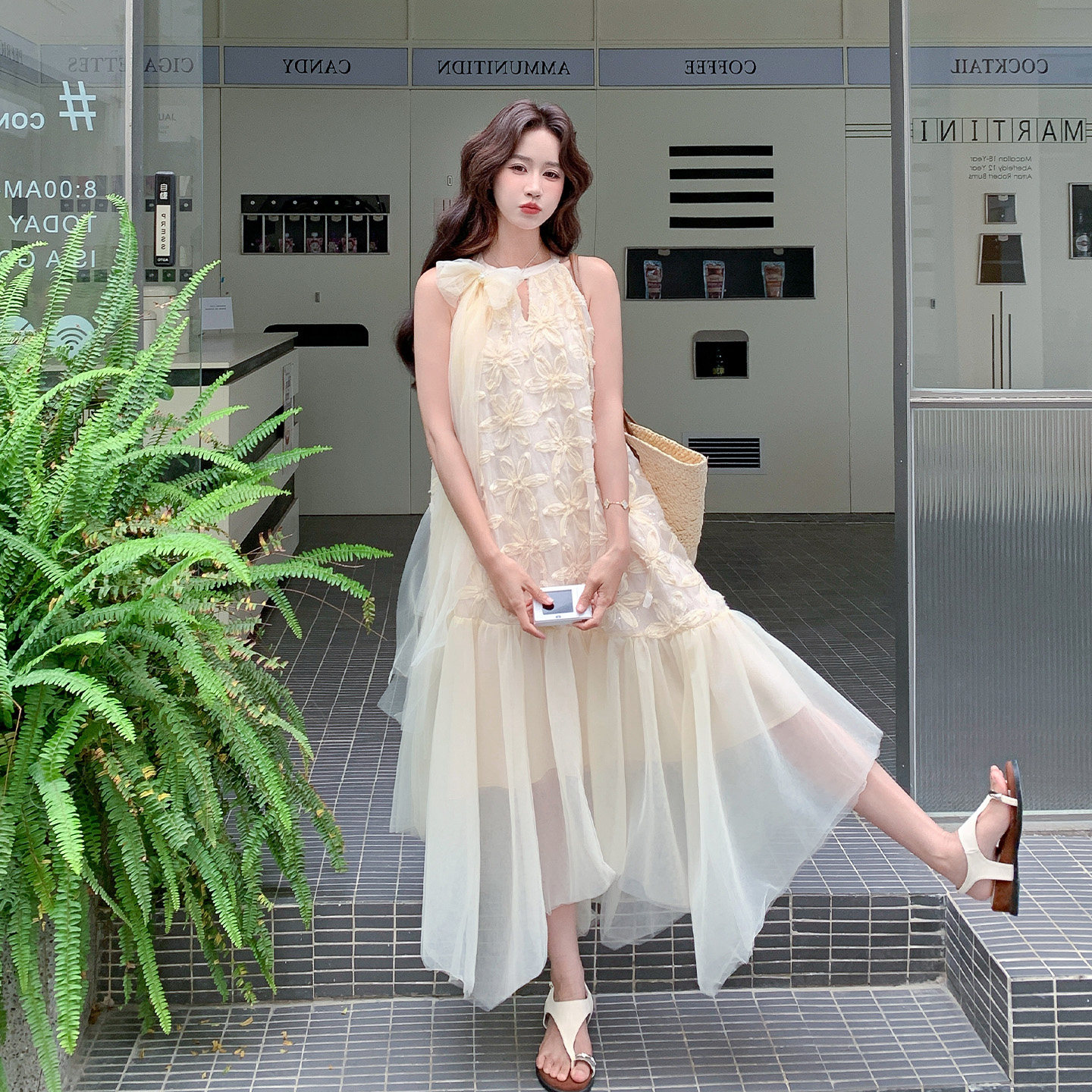 法式浪漫风挂脖连衣裙女夏