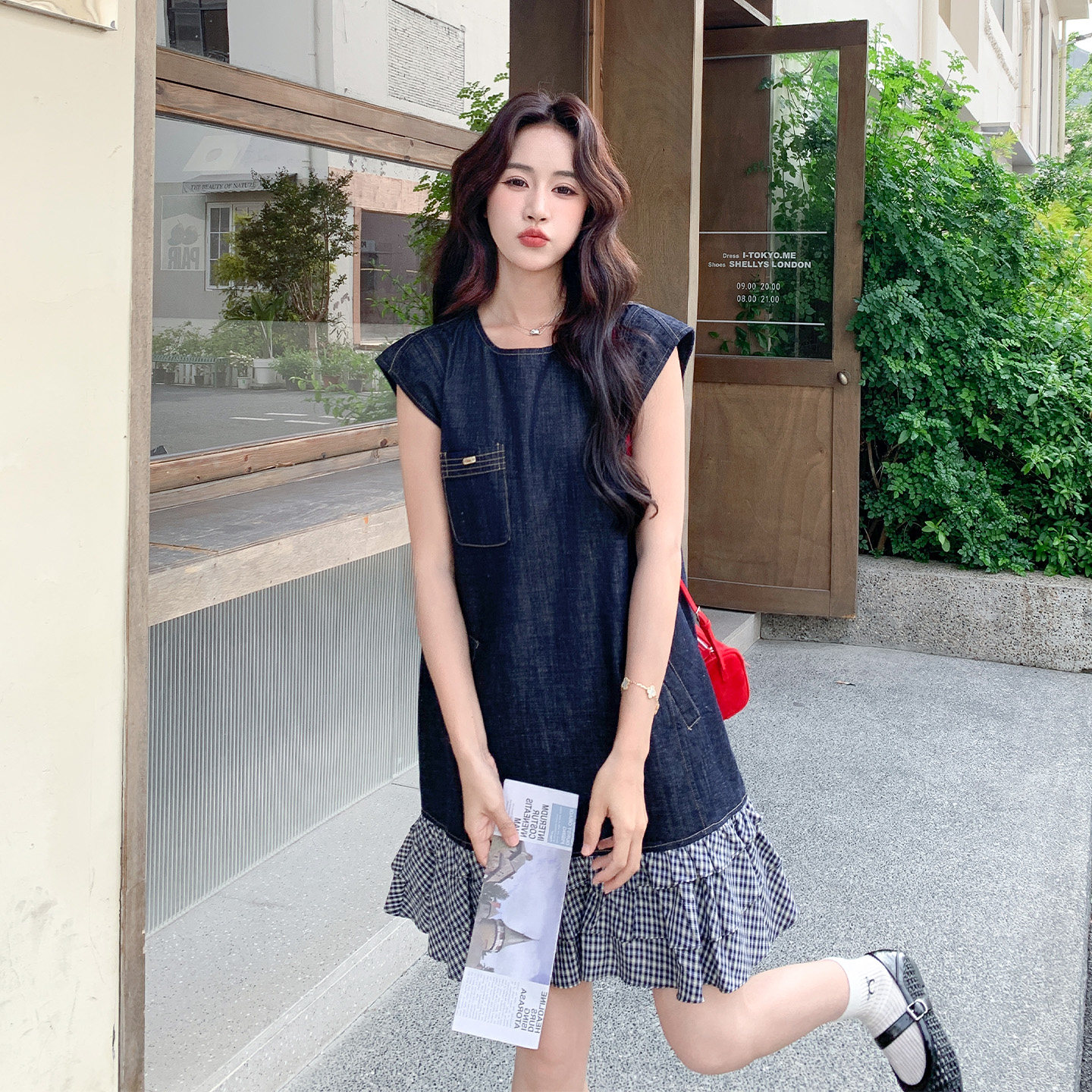 法式慵懒风拼接牛仔连衣裙女