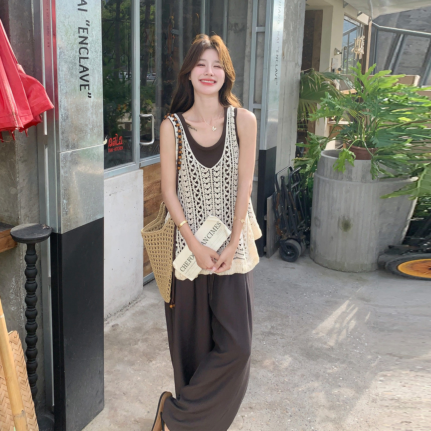 法式慵懒风一整套穿搭女2026夏季新款镂空针织罩衫背心阔腿裤套装
