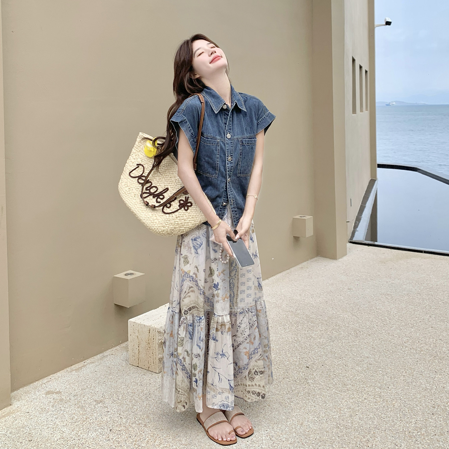 港风复古名媛风气质套装女2026新款夏日牛仔马甲印花半身裙两件套