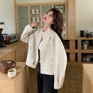 米白色高级感酷飒风PU皮衣外套女短款2026春新款韩版休闲洋气夹克