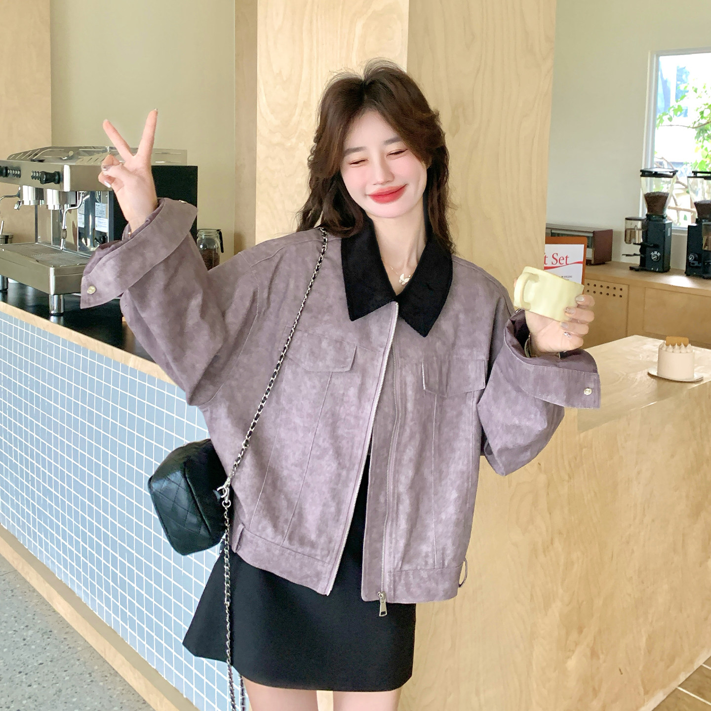 紫色小个子超好看翻领短外套女2026春季今年流行气质减龄夹克上衣