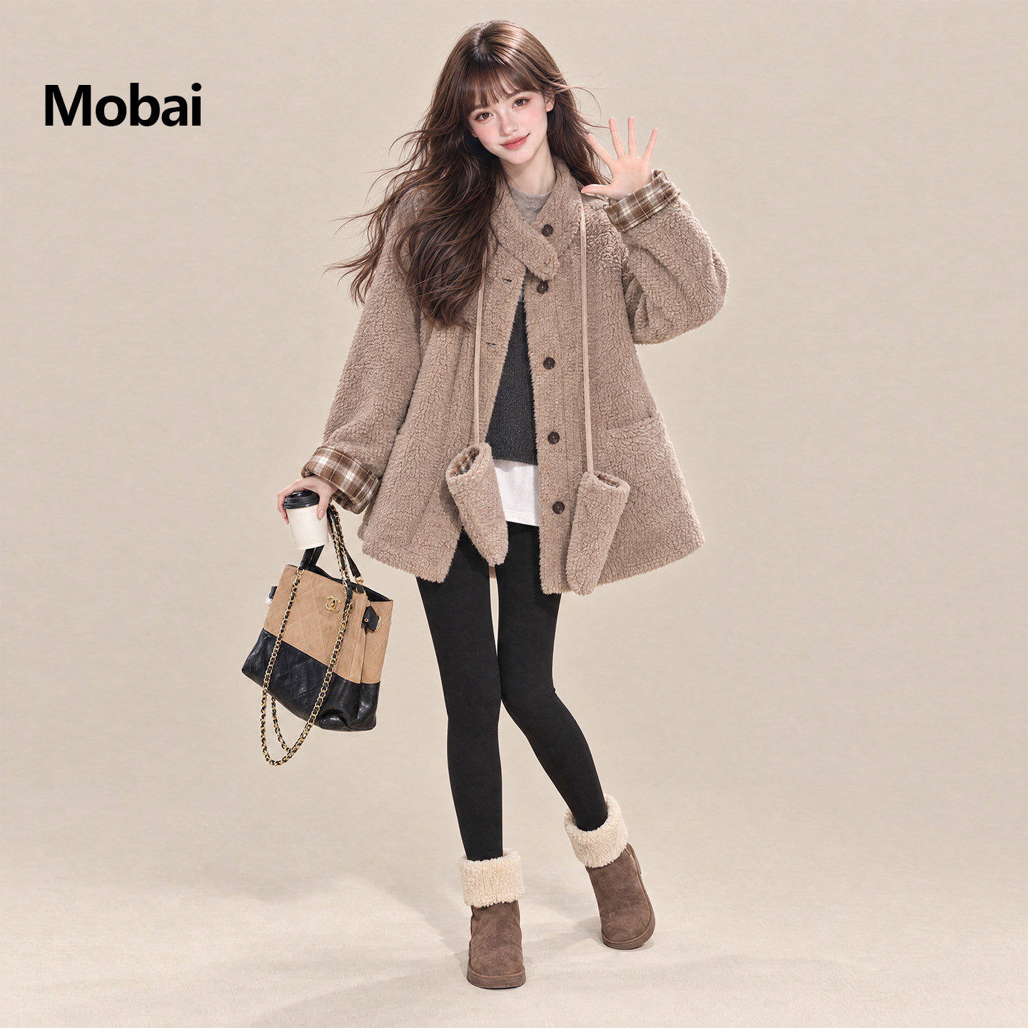Mobai 卡其色格纹拼接羊羔毛大衣女2026冬新款松弛感休闲减龄外套