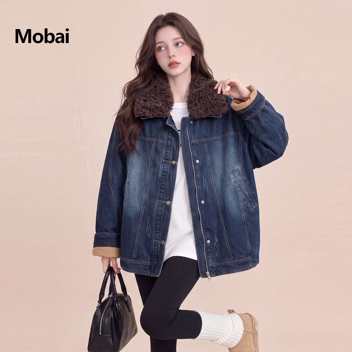 Mobai 深蓝色美式chic羊羔毛翻领牛仔羽绒服女2026冬新款保暖外套