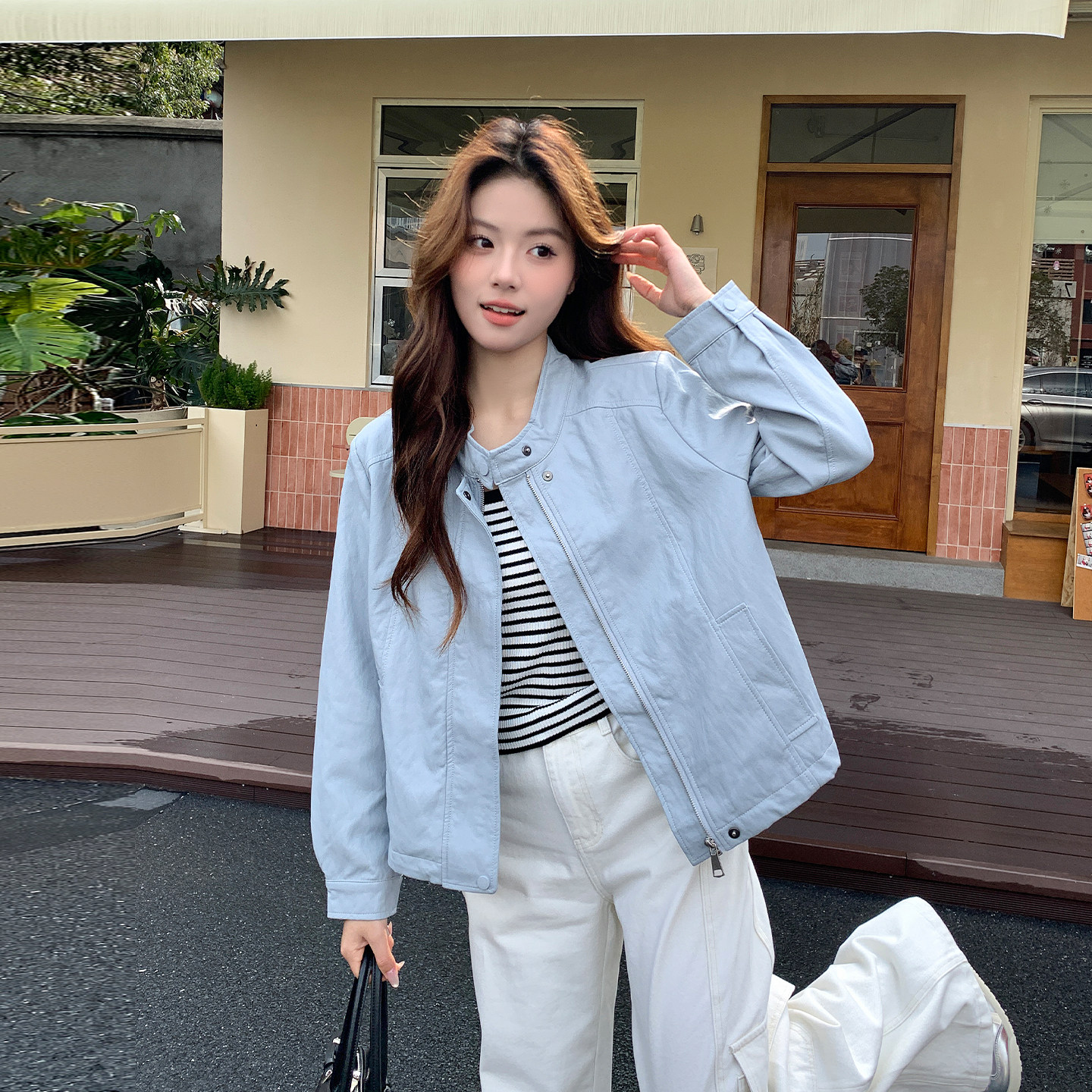 浅蓝色甜酷宽松显瘦夹克女2026春季新款通勤百搭减龄蛋白皮衣外套