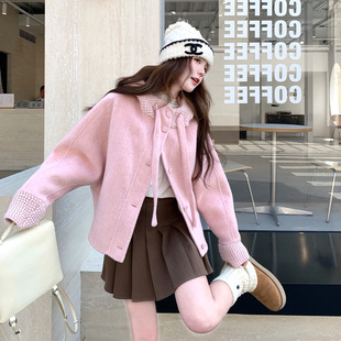 冬季新款可爱俏皮少女感连帽外套2026韩系甜美风针织拼接毛呢大衣