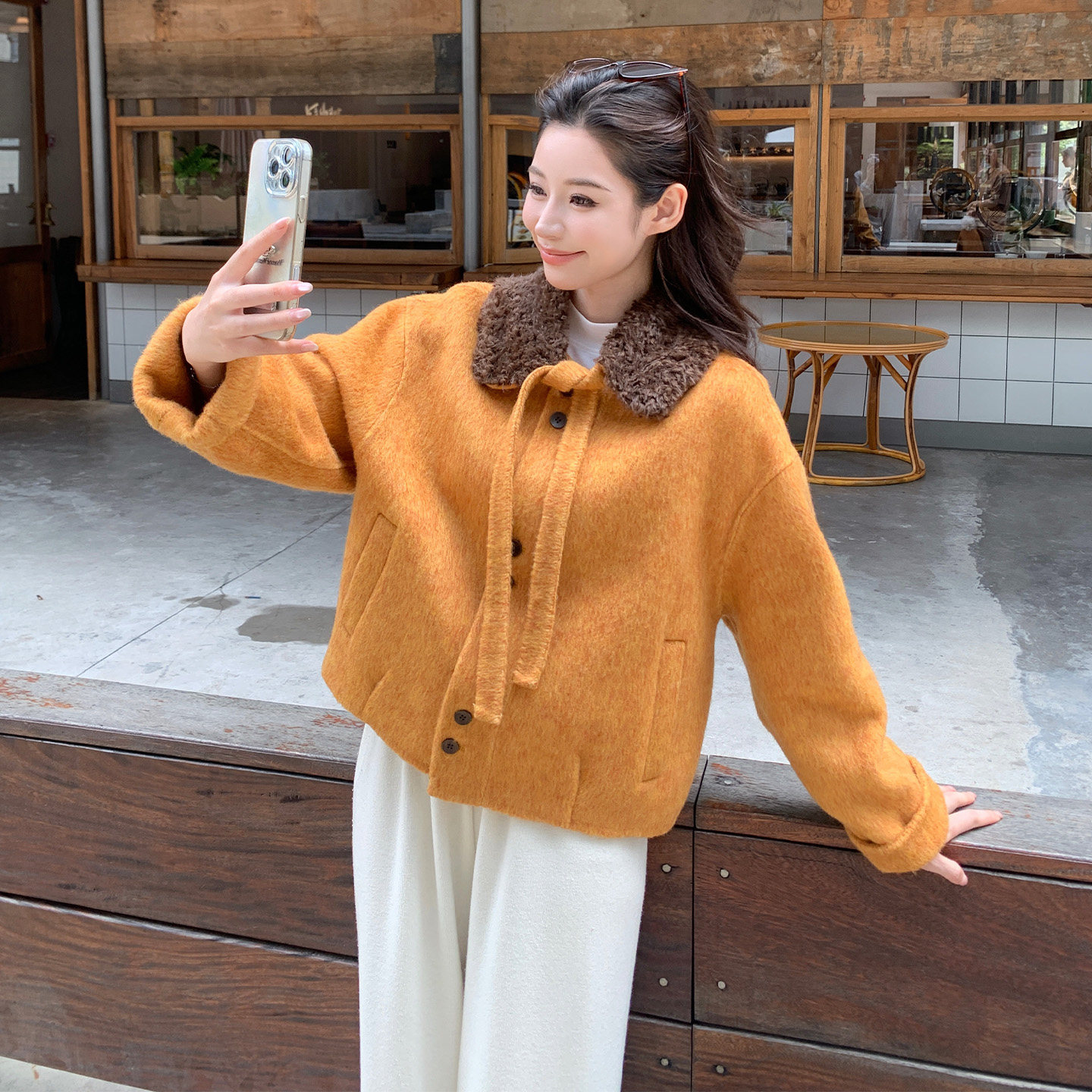 复古翻领双面呢短外套女保暖减龄