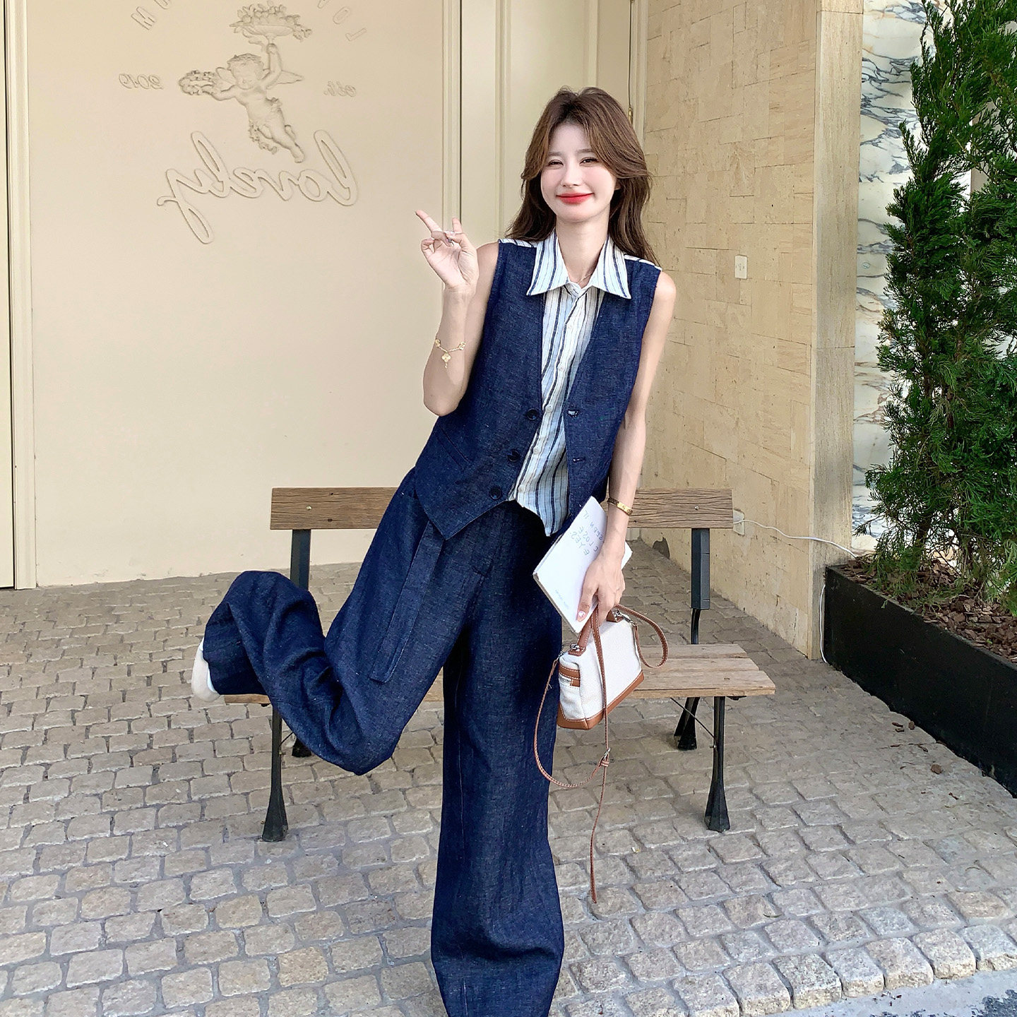 牛仔马甲阔腿裤两件套装女小众