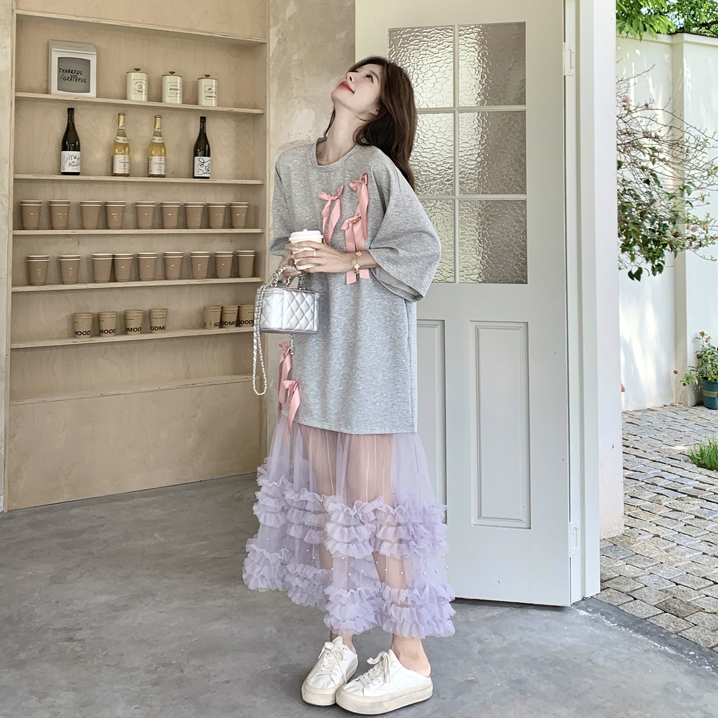 俏皮少女感花边网纱拼接连衣裙2026夏新款韩版甜美风蝴蝶结T恤裙