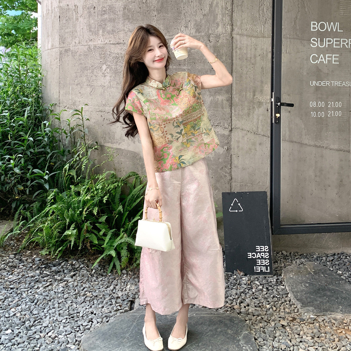 新中式印花阔腿裤两件套显瘦