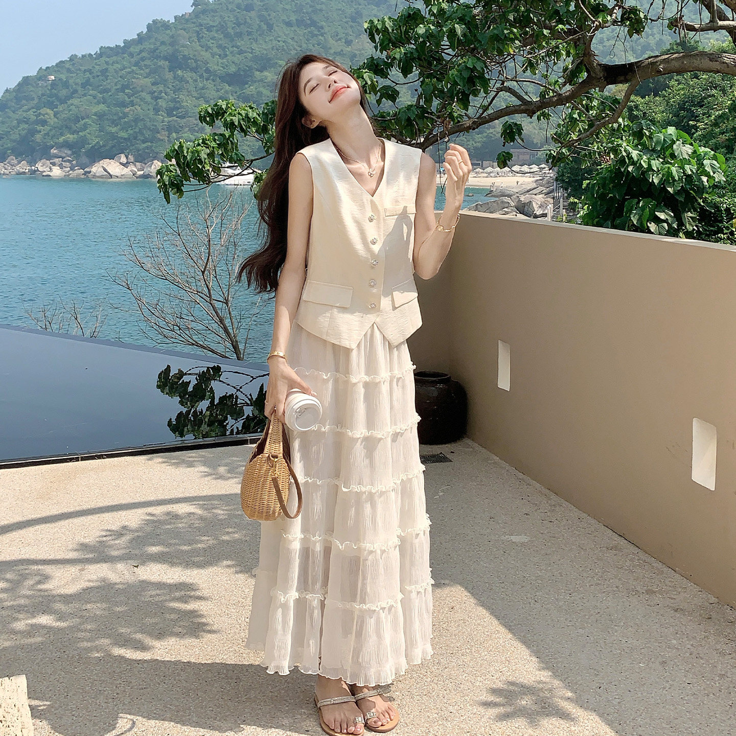 法式轻奢名媛风西装V领马甲套装夏日网纱蛋糕裙两件套女2026新款