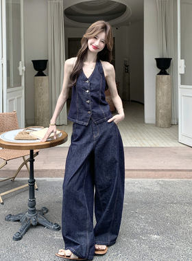 深蓝色法式复古牛仔套装女2026夏新款高级感挂脖背心阔腿裤两件套