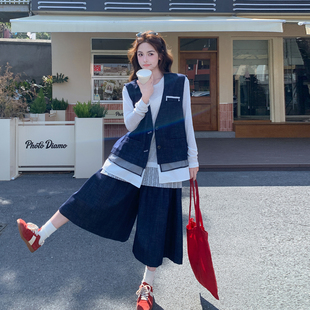 藏青色学院风休闲套装女2026春天新款韩版马甲打底衫七分裤三件套