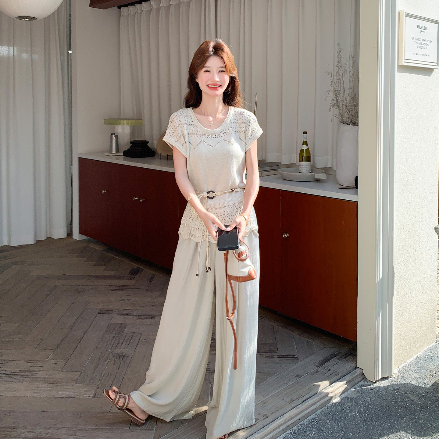 法式老钱风松弛感夏日套装女2026新款镂空短袖上衣阔腿裤两件套