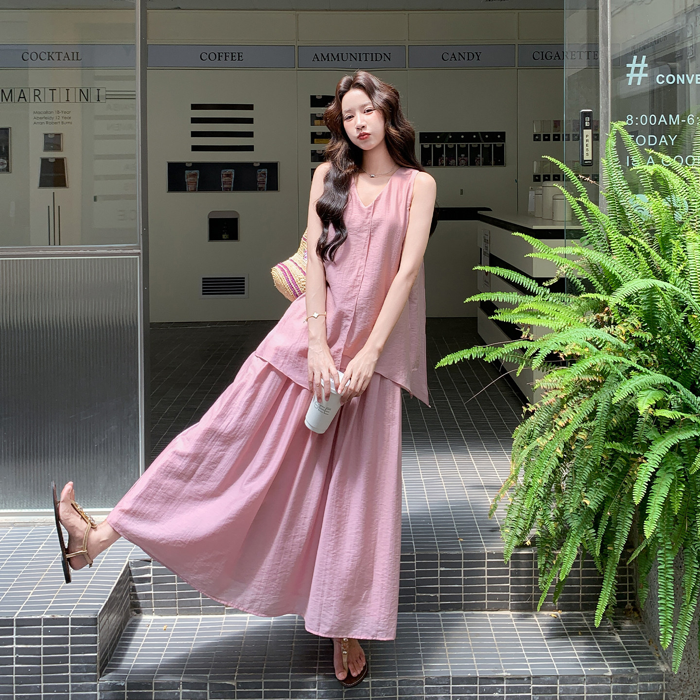 夏季女V领背心半身裙两件套