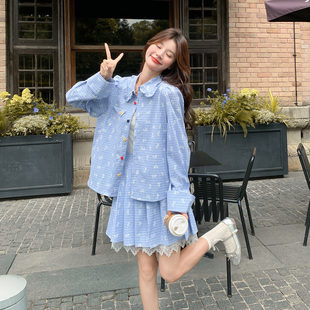 蓝色韩系蝴蝶结刺绣衬衫套装裙女2026春季小个子减龄百褶裙两件套