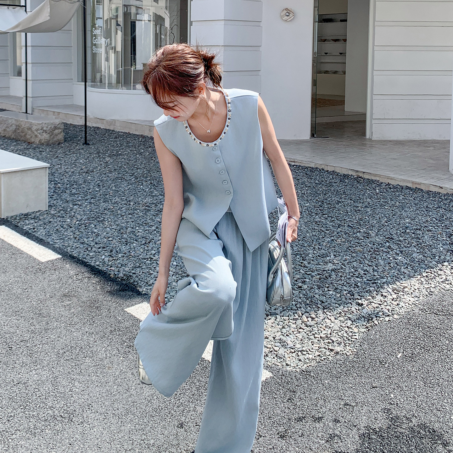 蓝色法式简约高级感马甲套装女2026夏季新款高腰显瘦阔腿裤两件套