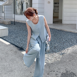 蓝色法式简约高级感马甲套装女2026夏季新款高腰显瘦阔腿裤两件套
