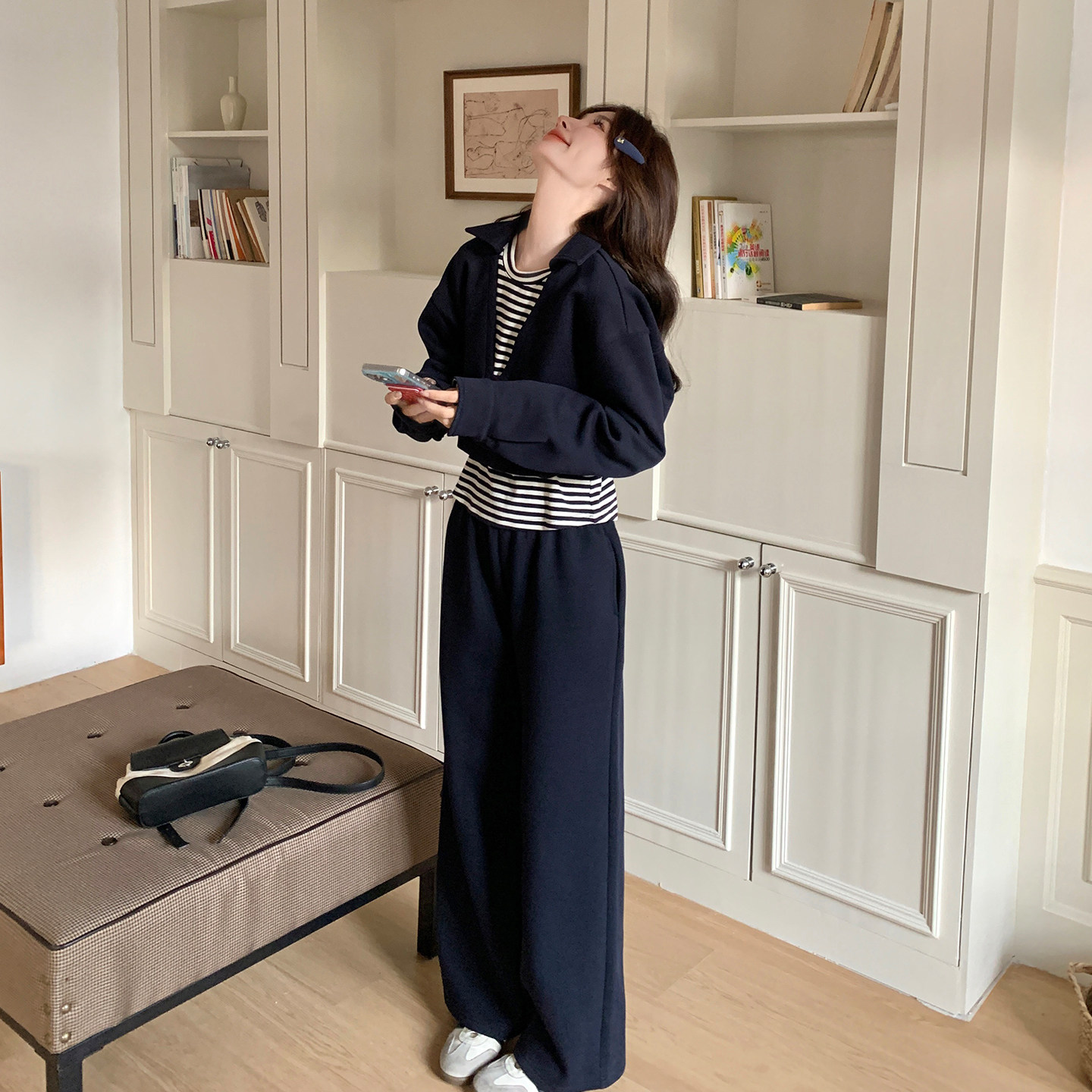 藏青色韩系假两件卫衣套装女2026春季学院风休闲运动阔腿裤两件套