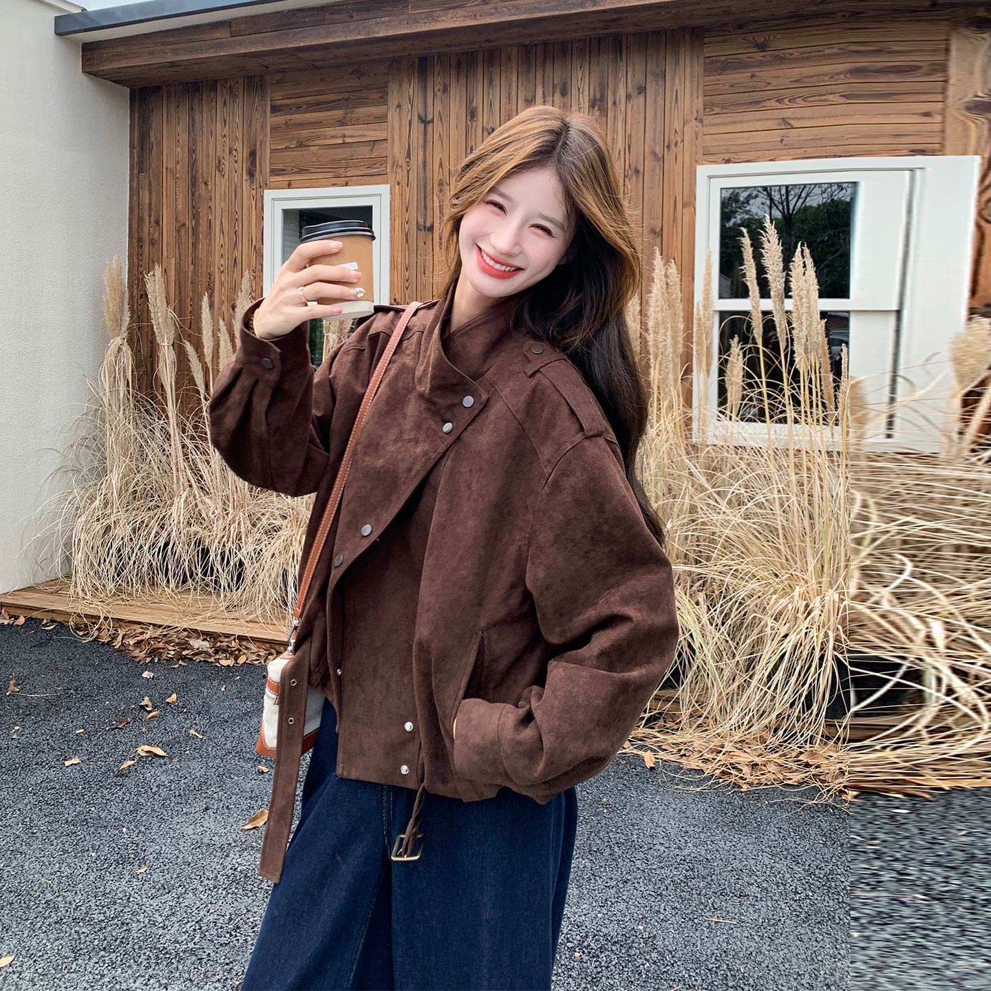 深棕色复古风做旧麂皮绒机车风夹克女2026早秋新款设计感炸街外套