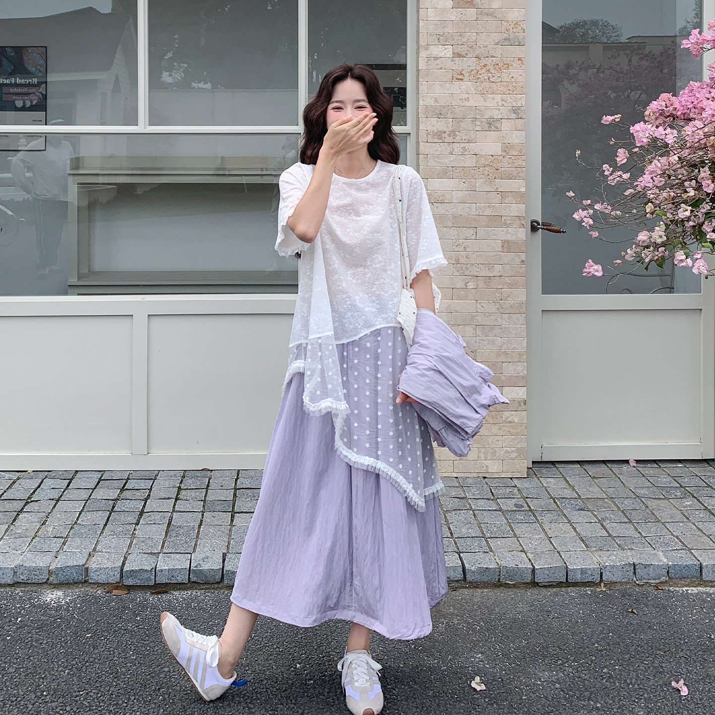 日系松弛感蕾丝罩衫阔腿裤三件套
