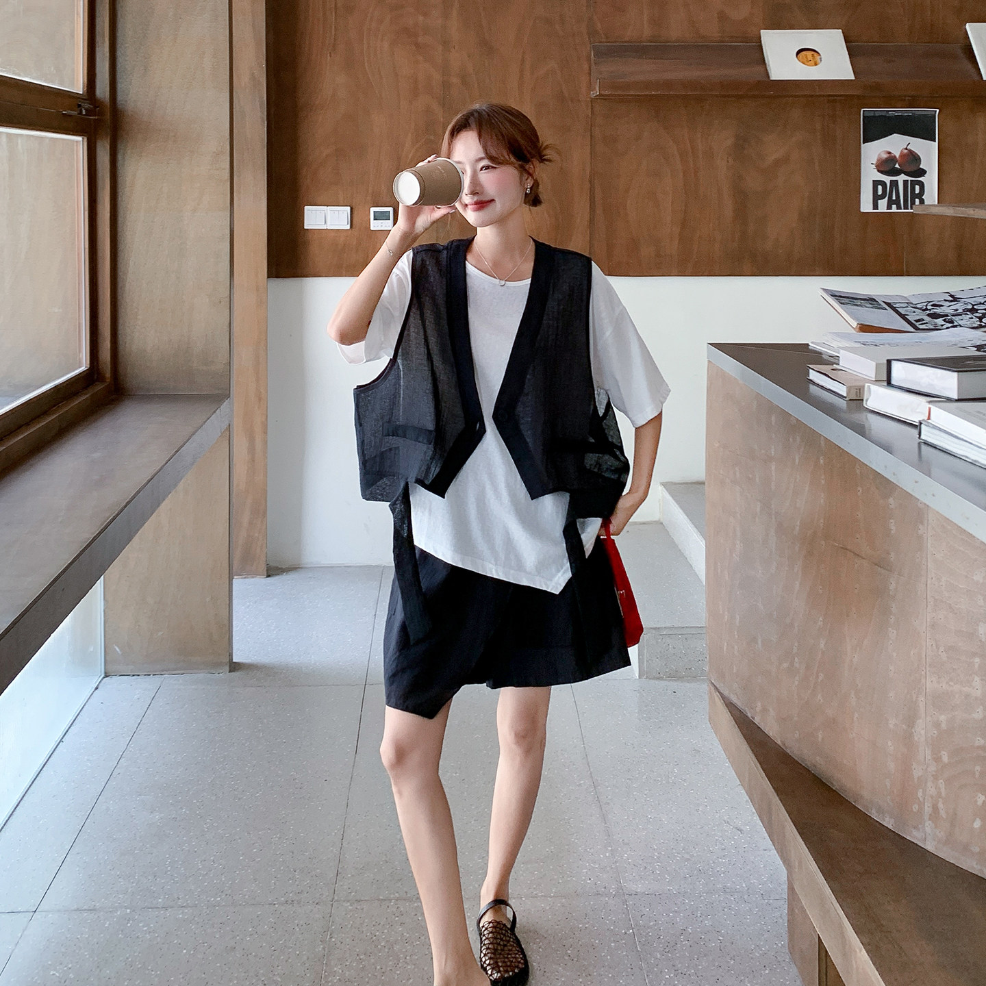 夏季慵懒V领系带马甲女三件套