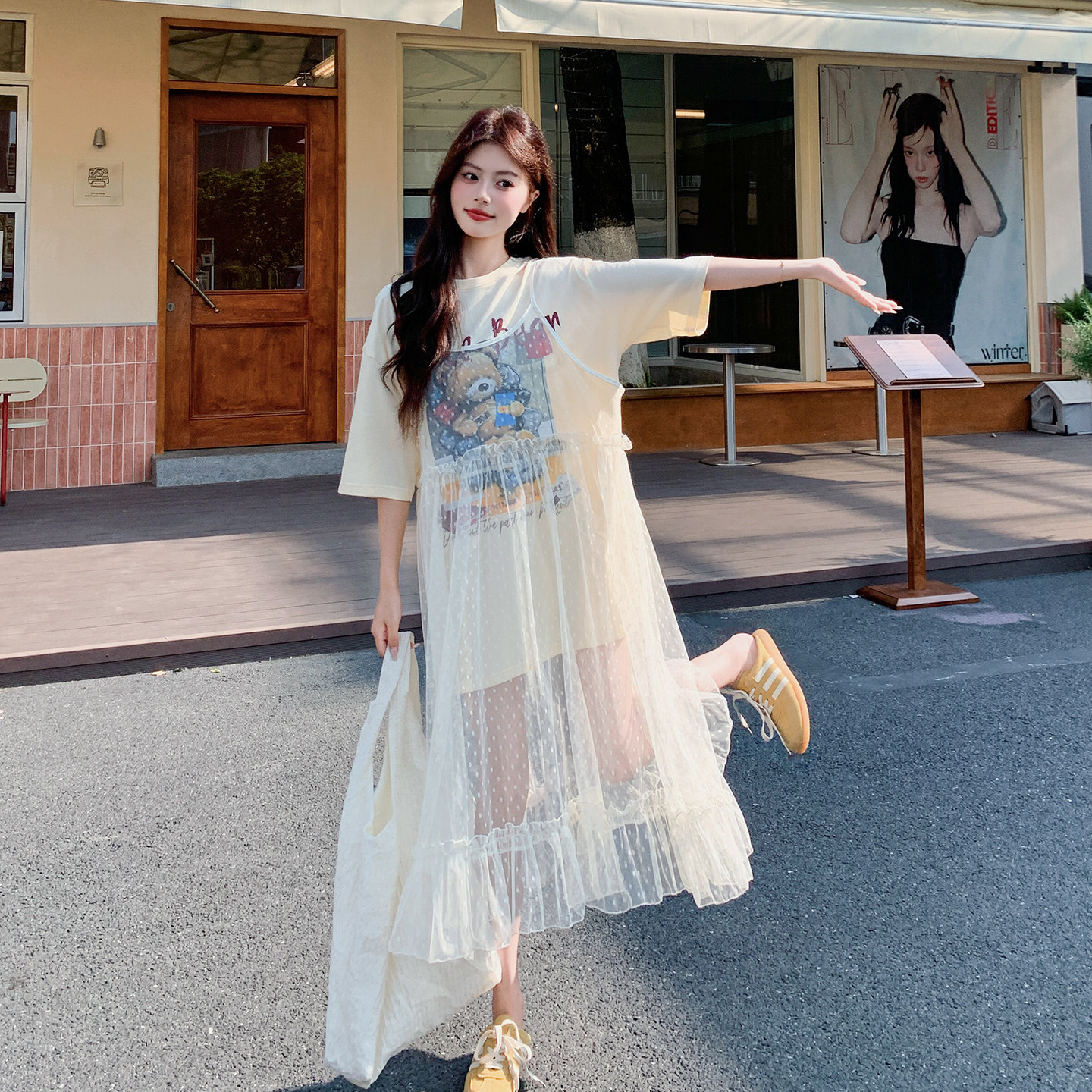 韩版俏皮减龄少女感套装夏波点网纱吊带裙印花T恤两件套2026新款