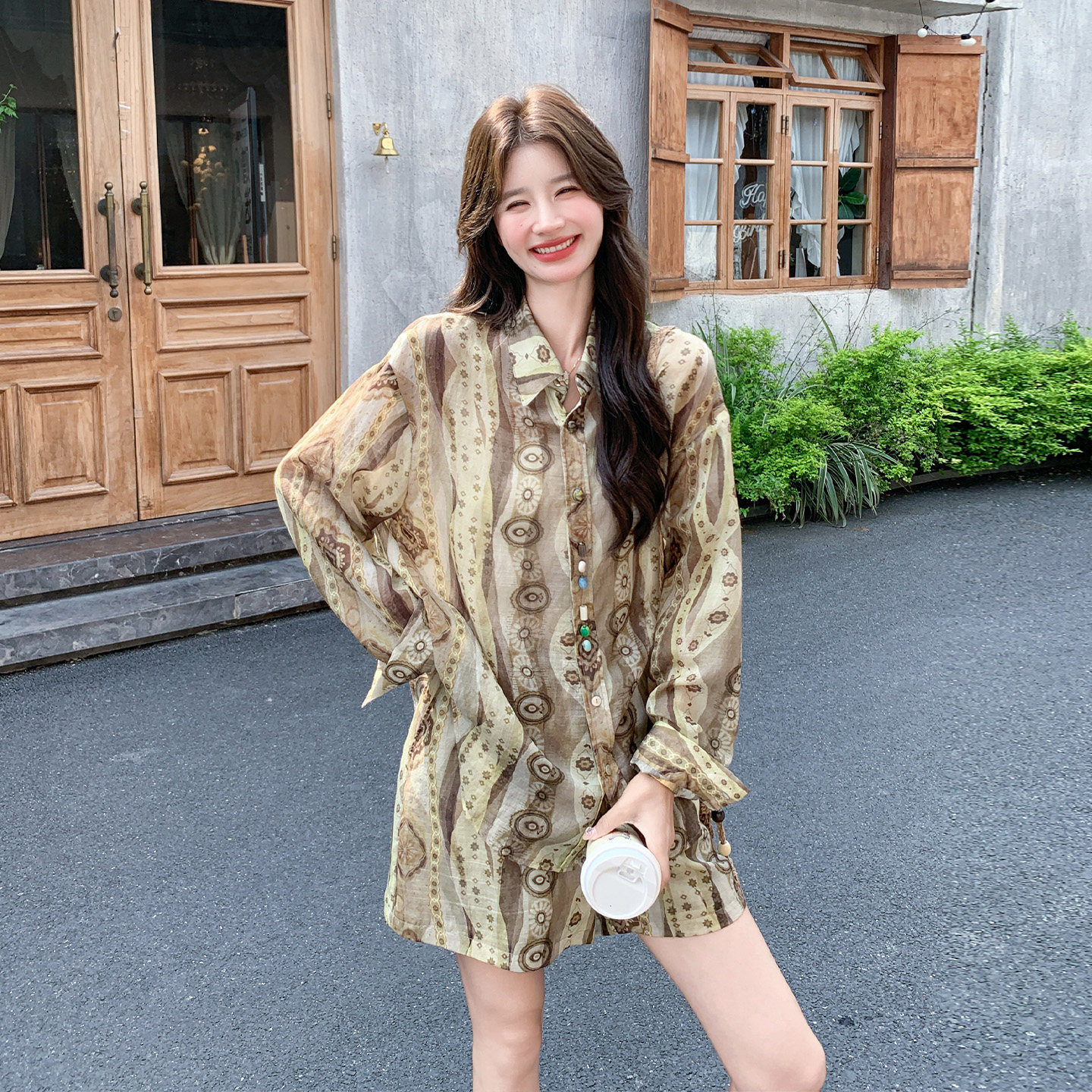 慵懒风印花长袖衬衫套装女夏宽松