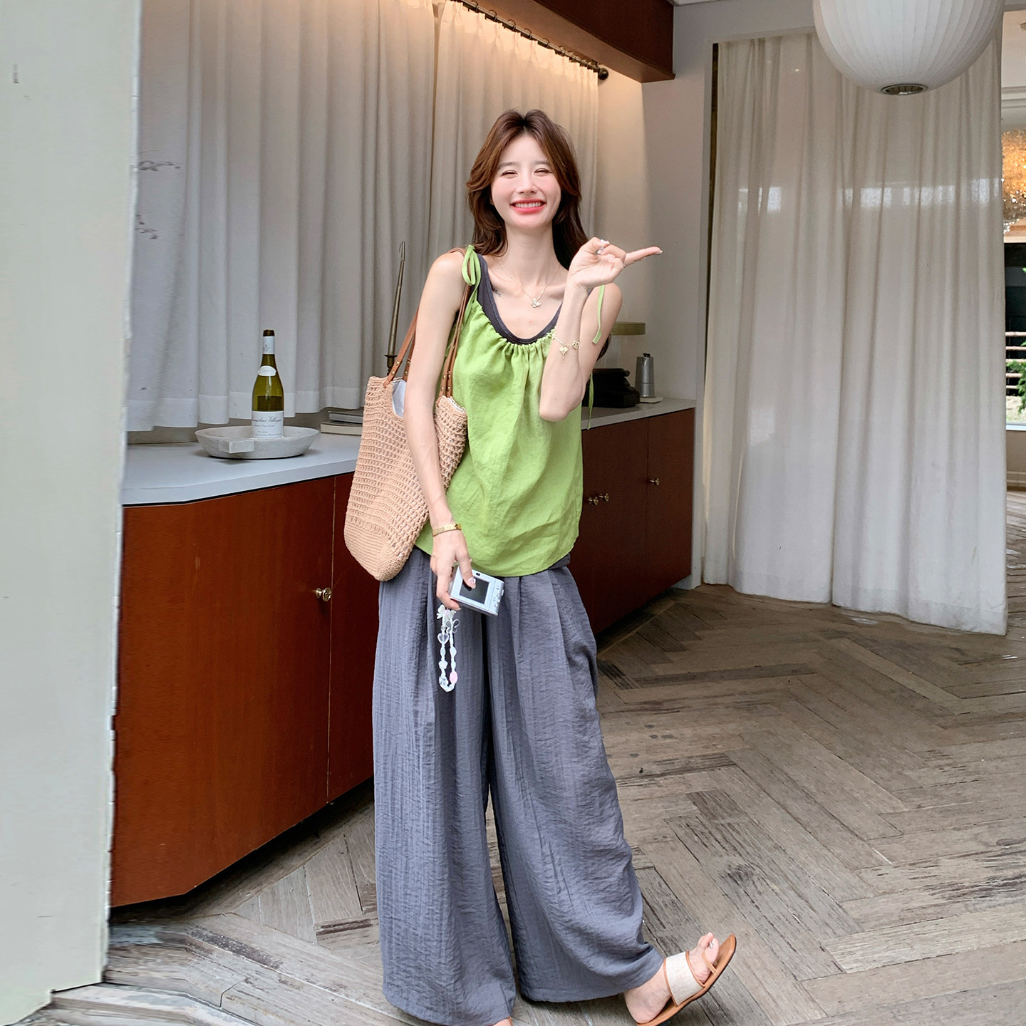 夏季慵懒风吊带阔腿裤三件套显瘦