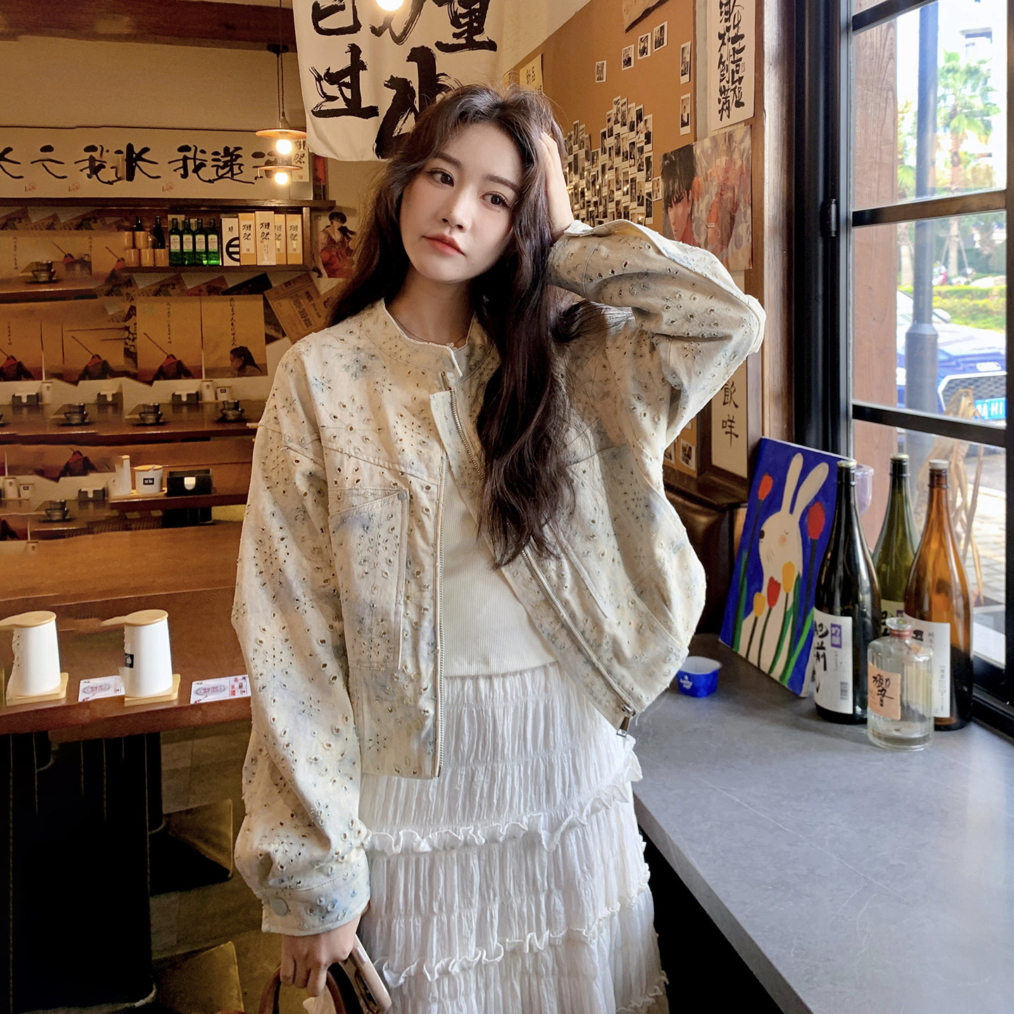 米色韩系时尚晕染印花外套女2026春季新款镂空设计感小众短款上衣