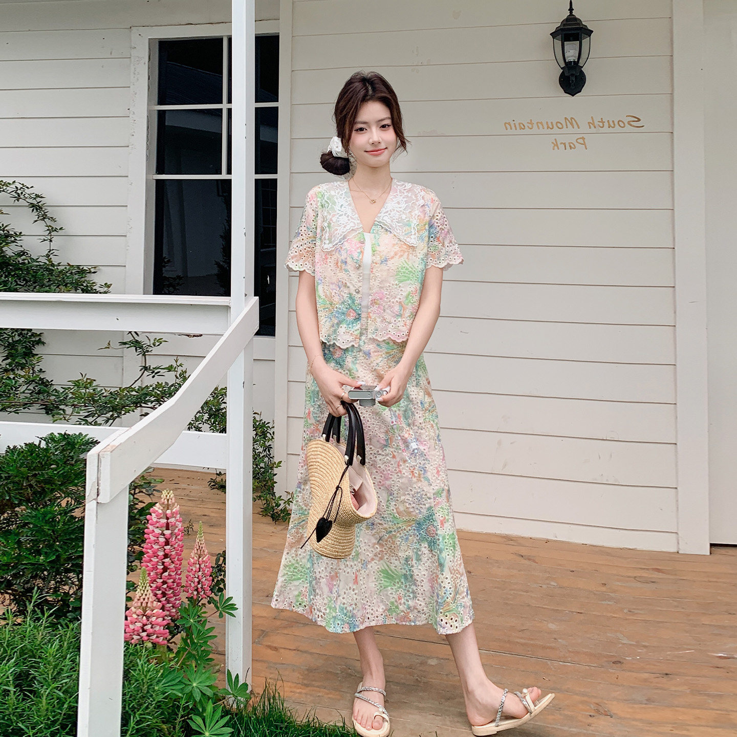 法式田园风印花娃娃领套装